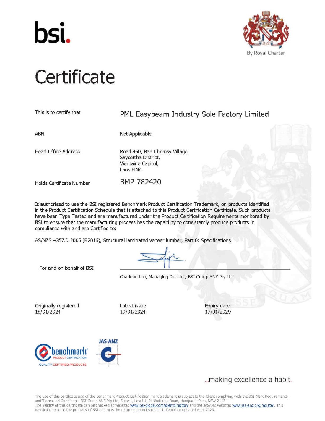 BSI certificate BMP 782420 for structural laminated veneer lumber to AS/NZS 4357.0, expiry 17 January 2029