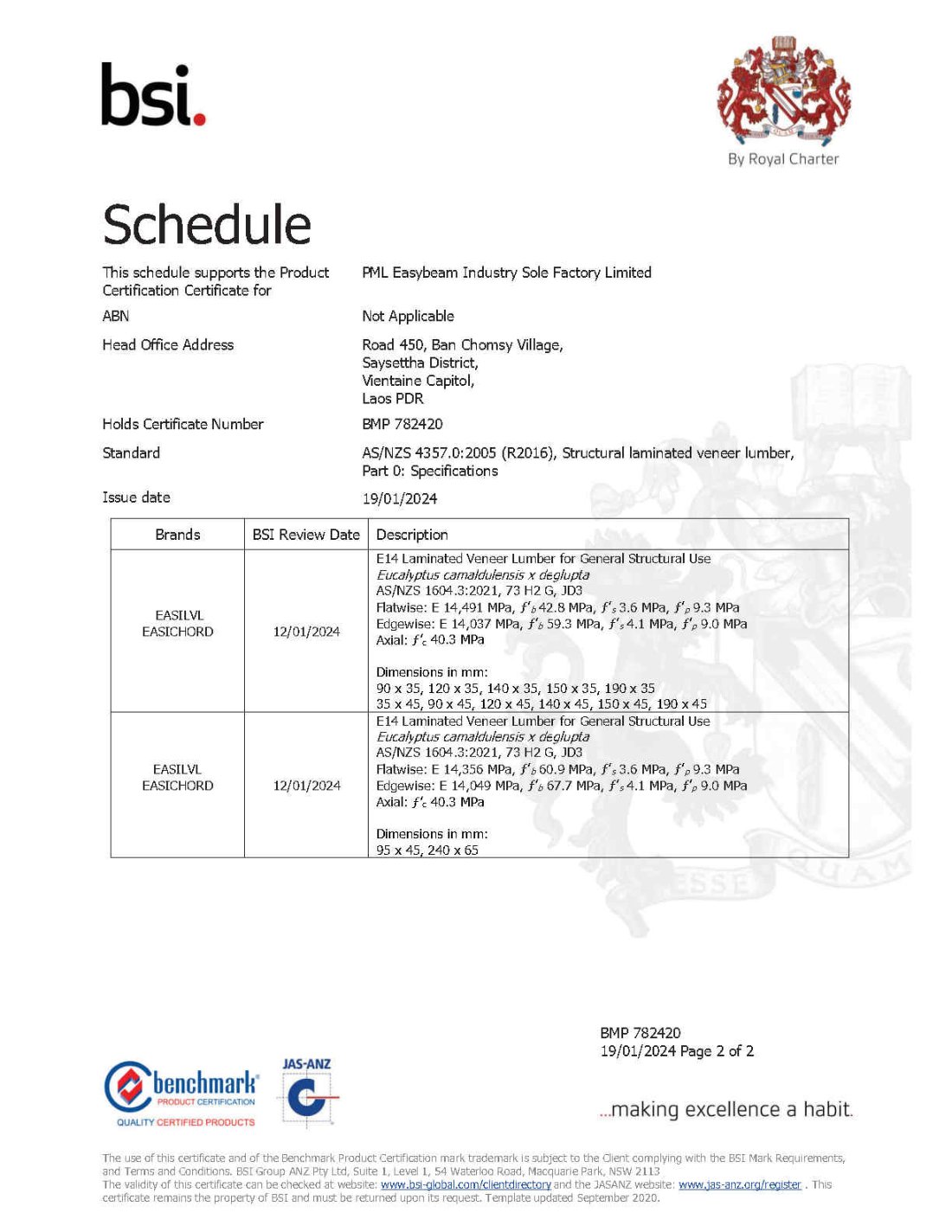 BSI schedule listing EasiLVL and EasiChord E14 LVL sizes and characteristic values