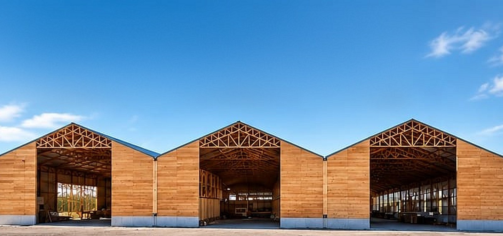 The three timber-clad production halls of the PML EasBeam factory, with open gables showing the roof trusses