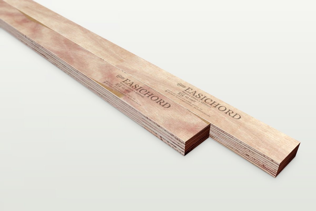 Two EasiChord LVL beams stamped with the PML logo, E14 grade, H2 treatment and BSI certificate BMP 782420