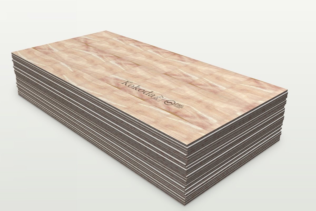 Pack of eucalyptus plywood sheets with the Kokoda Ply and PML logos on the top sheet