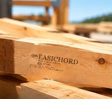 Close-up of an EasiChord LVL beam with its product stamp